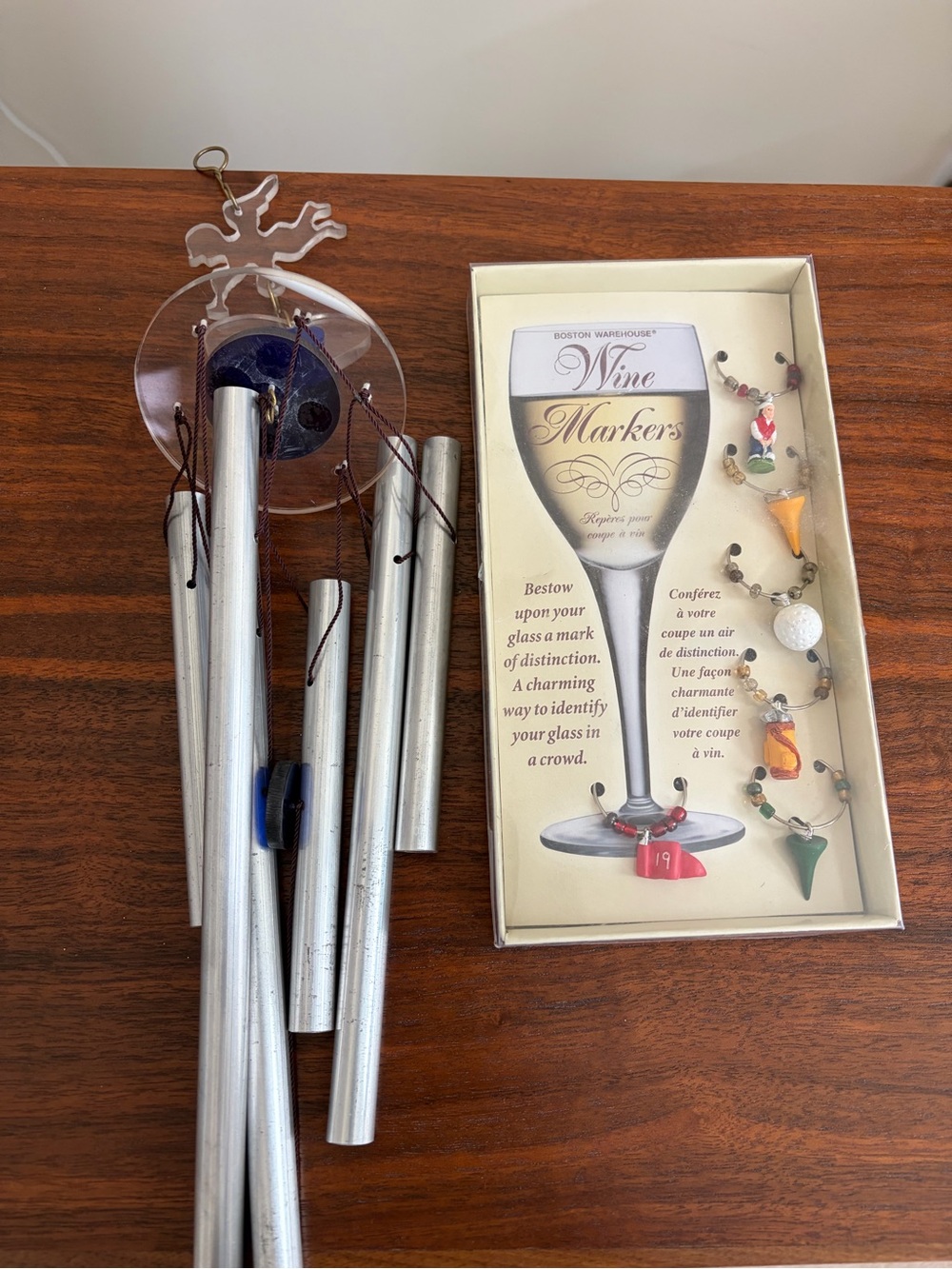 Boston Warehouse Silver Wind Chime with Multicolored Wine Glass Markers, New